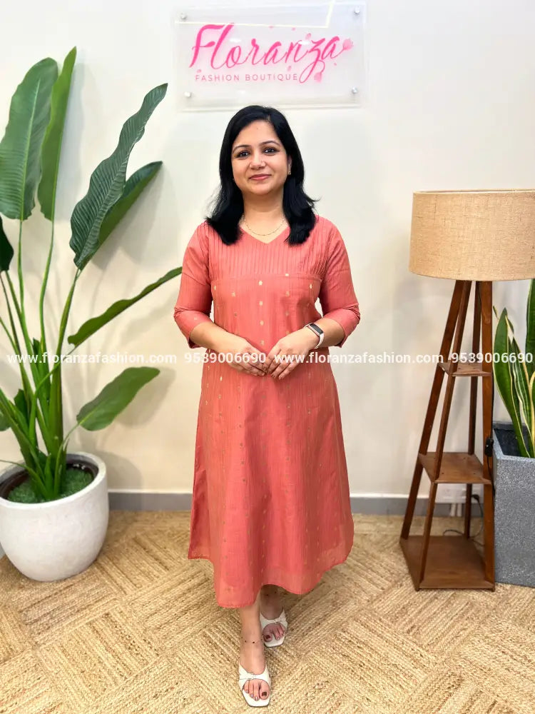 Aline Kurti In Chanderi - Peach (3953A) - PEACH / M