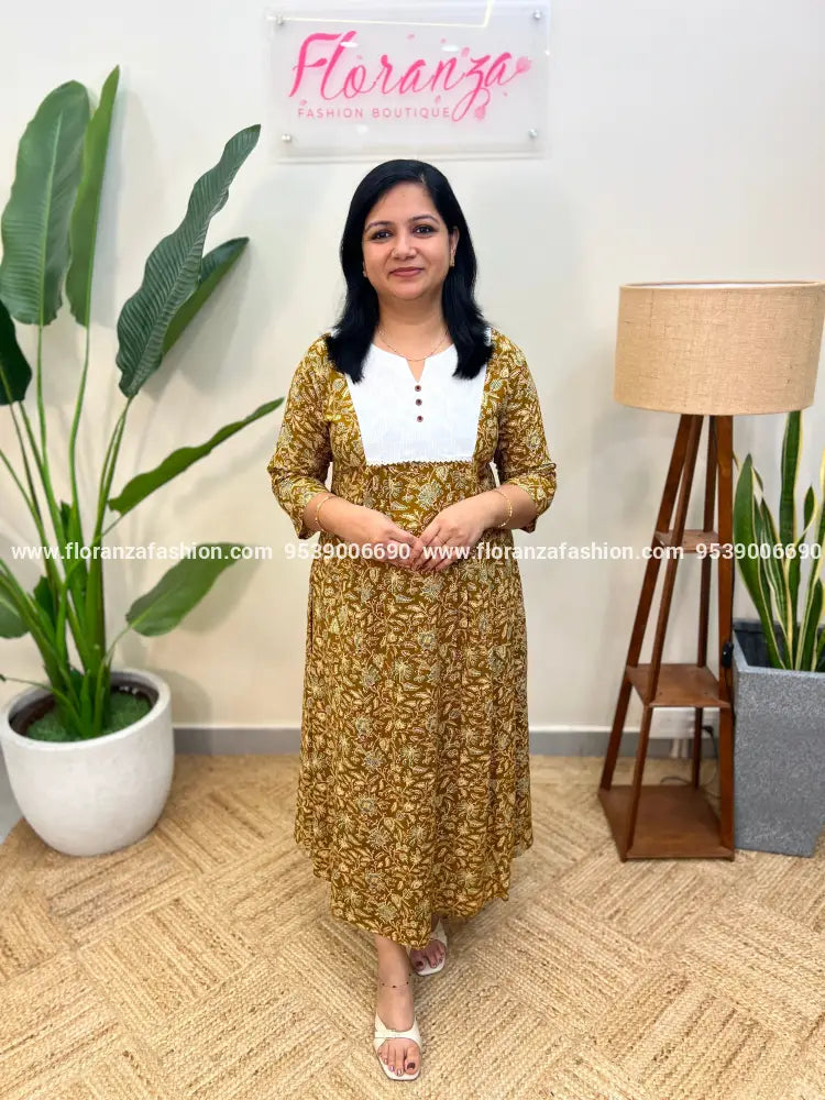 Aline Kurti In Printed Cottonm - Mustard Yellow (3964B) - Mustard Yellow / M