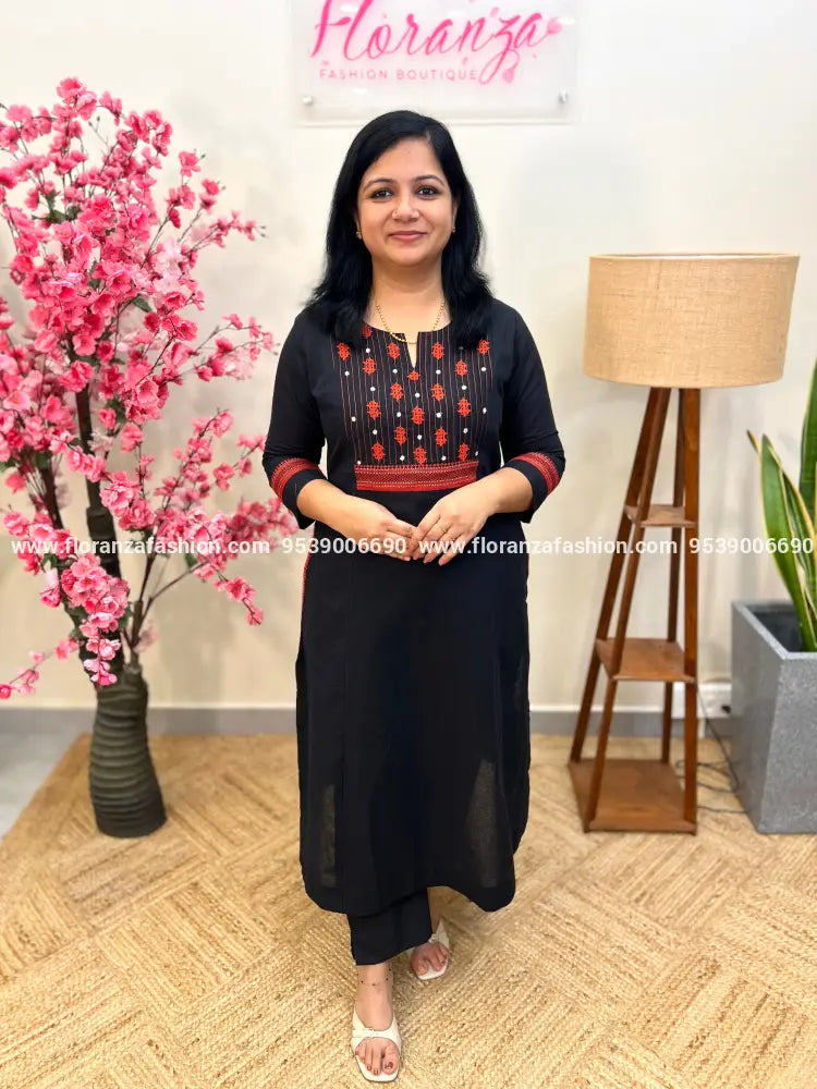 Anvita Brand Kurti in Cotton -Black n brick orange(3933) - Black / M