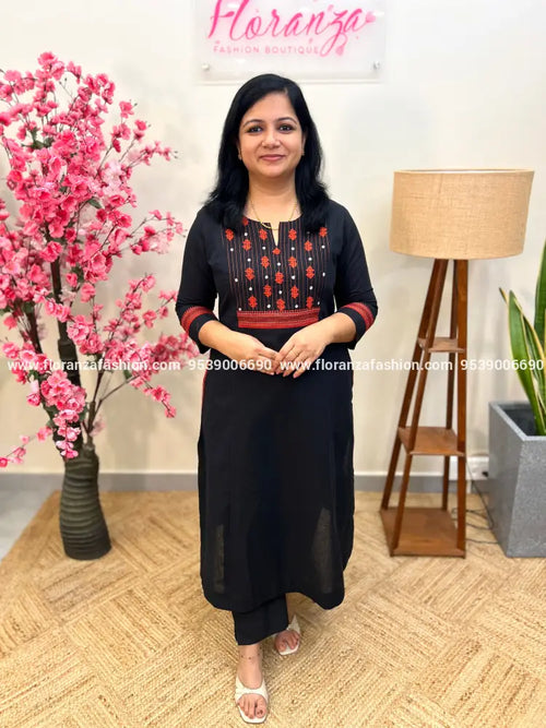 Anvita Brand Kurti in Cotton -Black n brick orange(3933) - Black / M