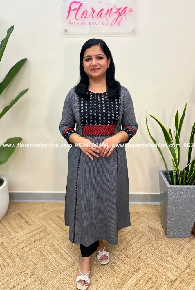 Anvita Brand Kurti in Cotton - Black plus Ash (2790) - Black / M