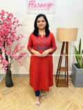 Anvita Brand Kurti in Cotton -Brick Red n teal blue (3933) - Brick Red / M