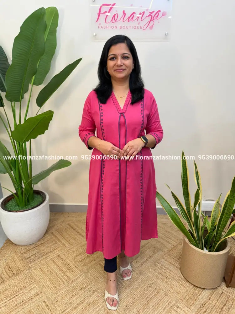 Anvita Brand kurti in cotton - Bright Pink(4078) - Dark Pink / S