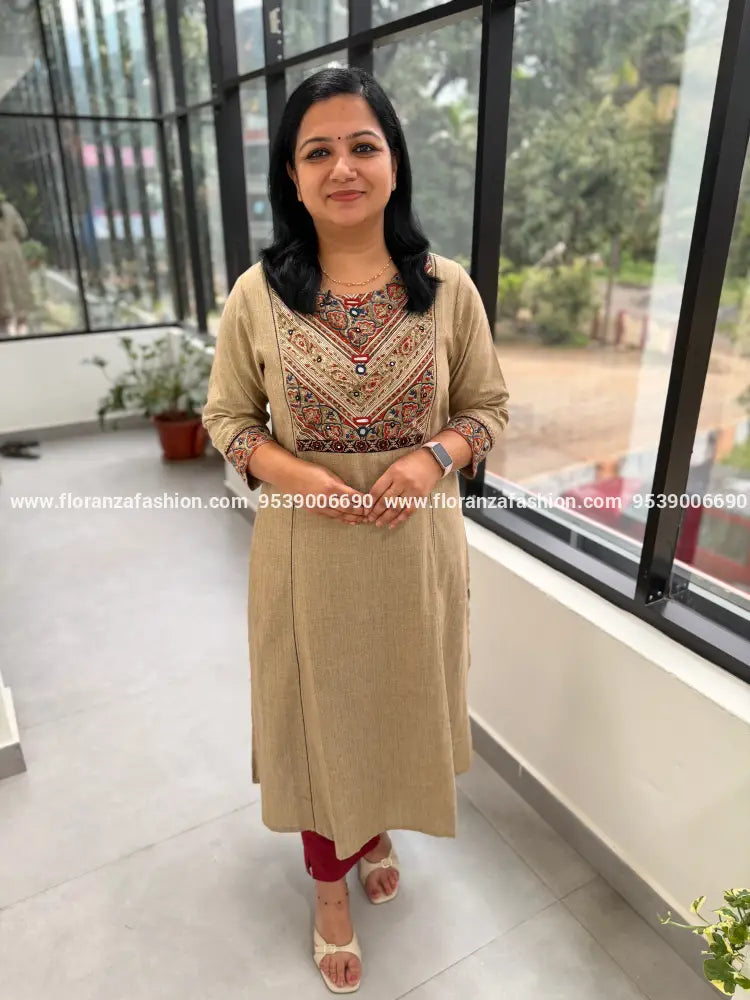 Anvita Brand Kurti In Cotton - Dark Beige (3884A) - Dark Beige / M