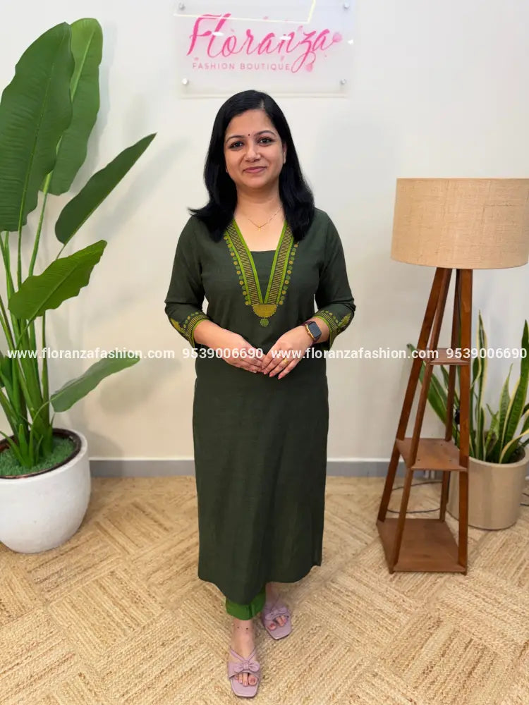 Anvita Brand Kurti in Cotton - Dark Mehandi Green (4058) - Dark Mehandi Green / M