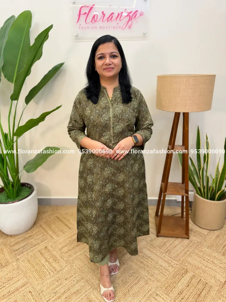 Anvita Brand Kurti in Cotton - Greyish Green (4054B) - greyish green / M