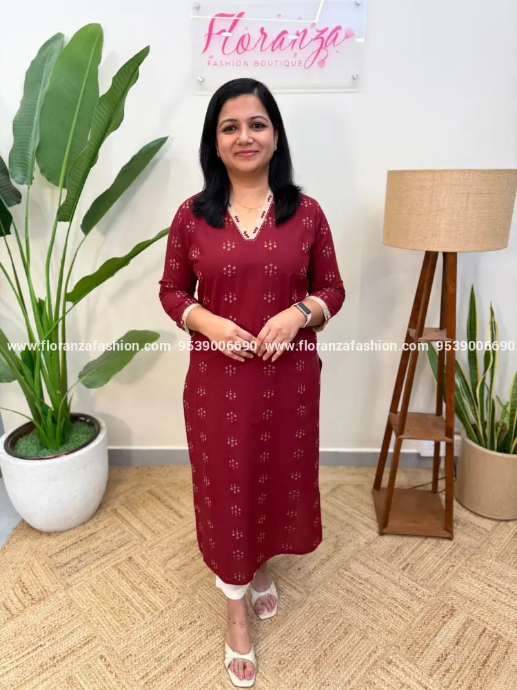 Anvita Brand Kurti in Cotton - Maroon (4046B) - Maroon / M
