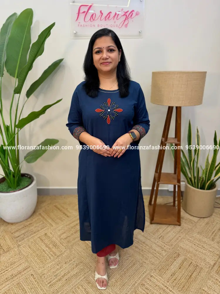 Anvita Brand Kurti in Cotton - Navy Blue (4053) - navy blue / S