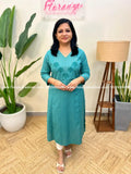 Anvita Brand Kurti in Cotton - Pastel Green mix Blue (3965B) - Pastel Green / M