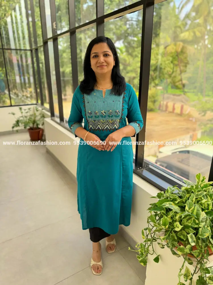 Anvita Brand Kurti In Cotton - Teal Blue (4030) - TEAL BLUE / M