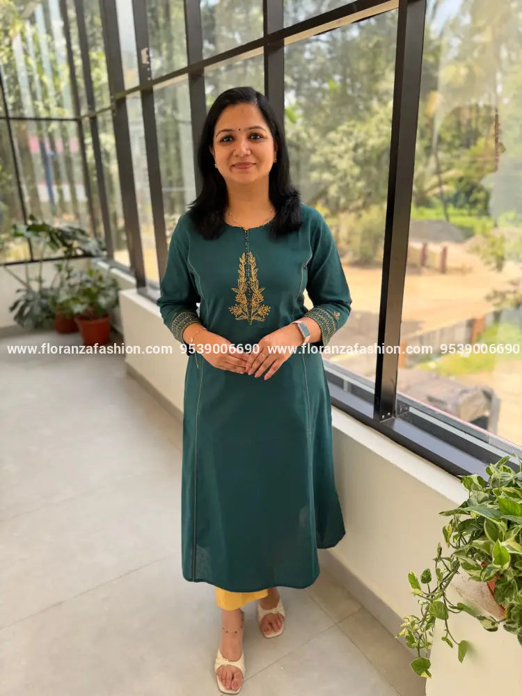 Anvita Brand Kurti in Cotton - Teal Green (40007) - Teal Green / M