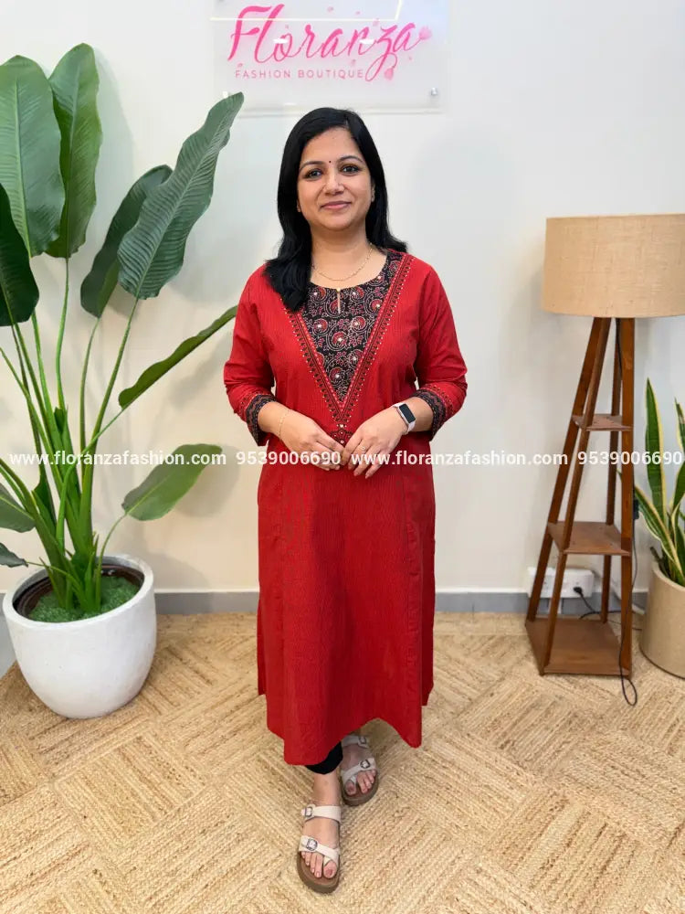Anvita Brand Kurti in Pure Cotton - Brick Red (3294) - Brick Red / M