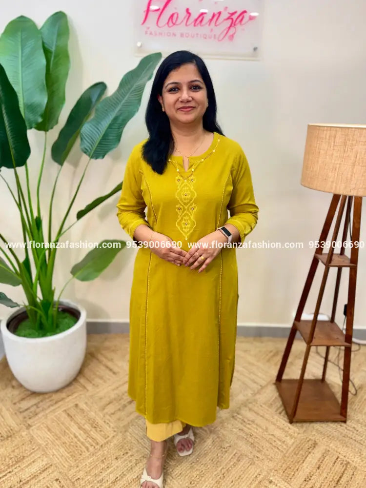 Anvita Brand Kurti in Pure Cotton - Mustard Green (4165) - Mustard Green / M