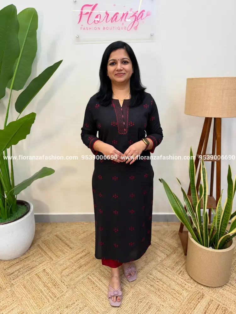 Anvita Brand Kurti in Weaved Cotton - BLACK (4069A) - BLACK / M