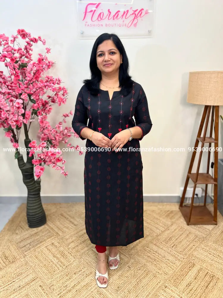 Anvita Brand Kurti in Weaved Cotton Black n Red (3839) - BLACK / M