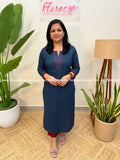 Anvita Brand Kurti in Weaved Cotton - Teal Blue (4069B) - TEAL BLUE / M