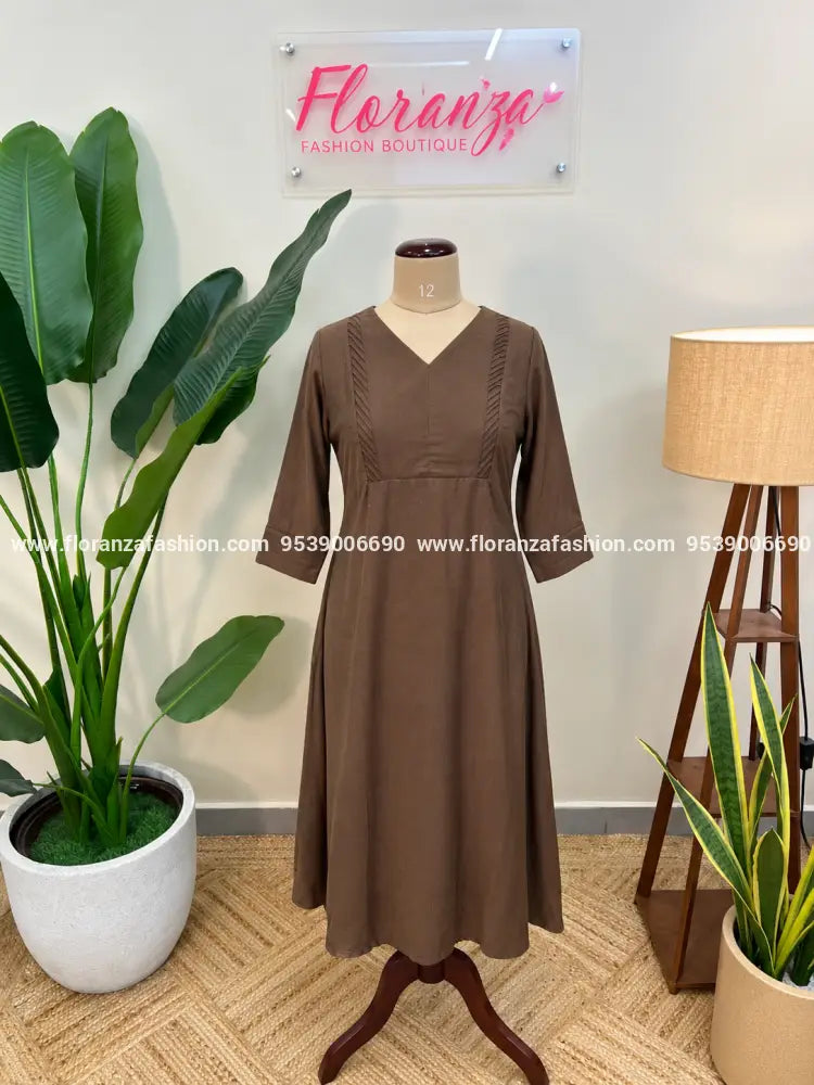 Branded Aline Kurti in Cotton - Dark Brown (1003E) - Dark Brown / L