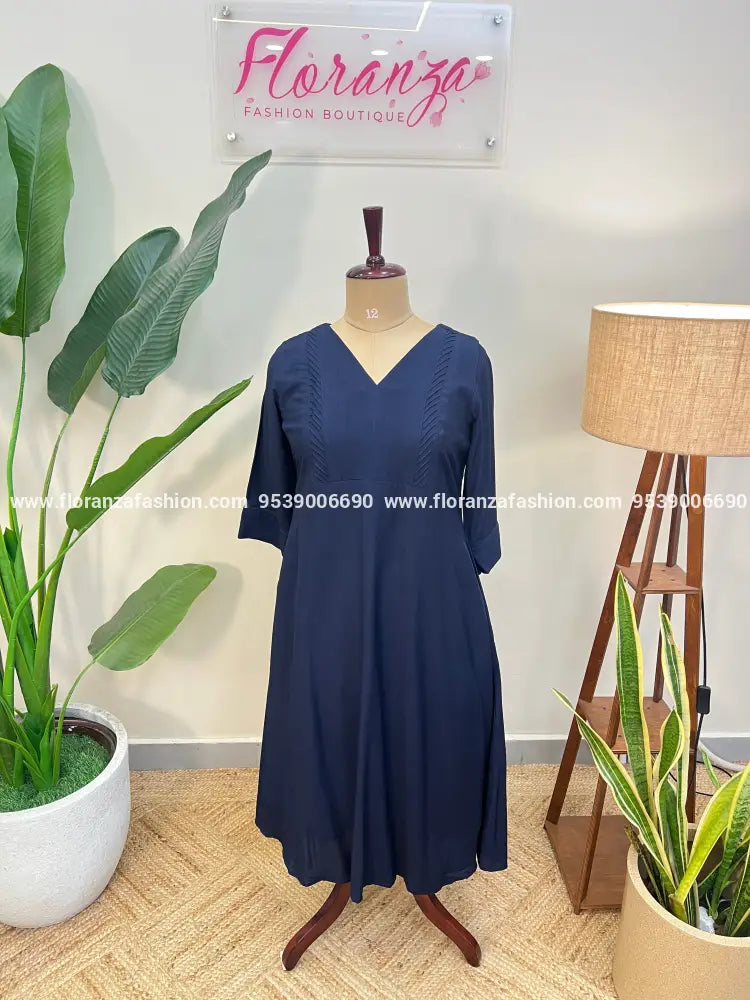 Branded Aline Kurti in Cotton - Navy Blue (1003C) - navy blue / XL