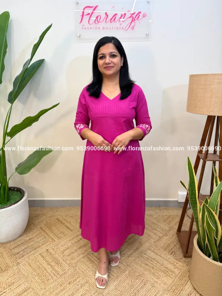 Branded Kurti in Cambric Cotton - Rani Pink (4100) - Rani Pink / M