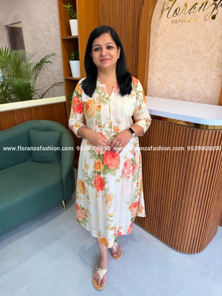 Branded Kurti in Printed Mul Chanderi - Beige (1016) - Beige / L