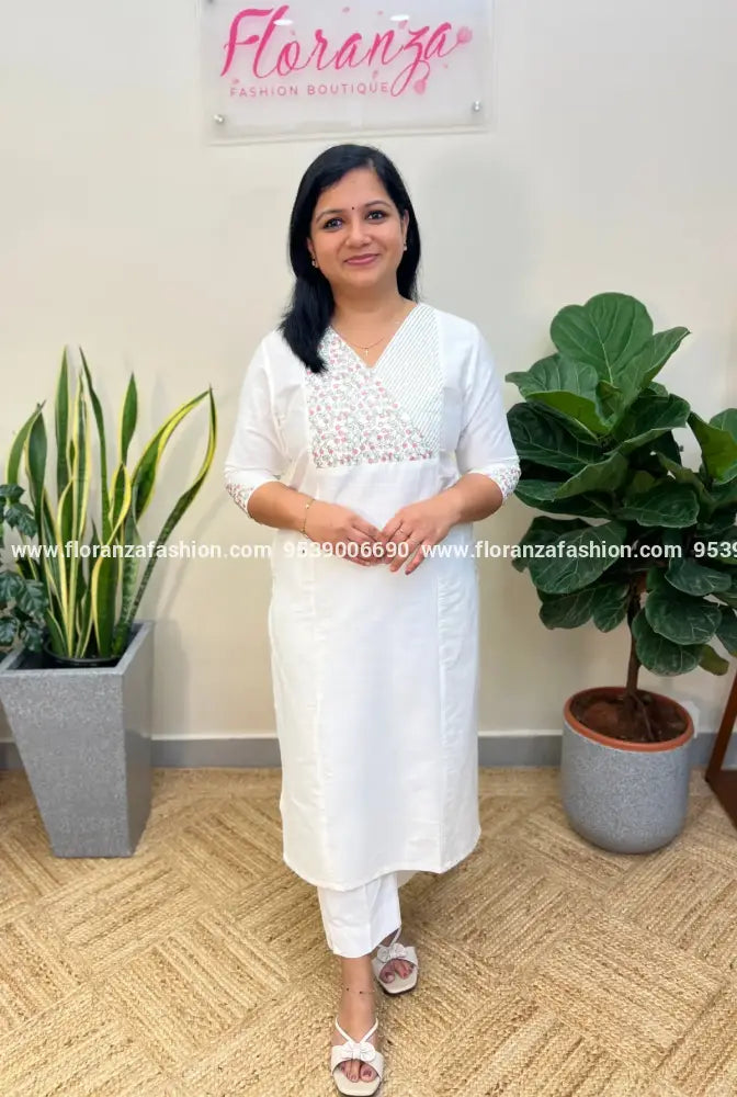 Branded Kurti in Slub Silk with Embroidery - Milky White (3196) - White / S
