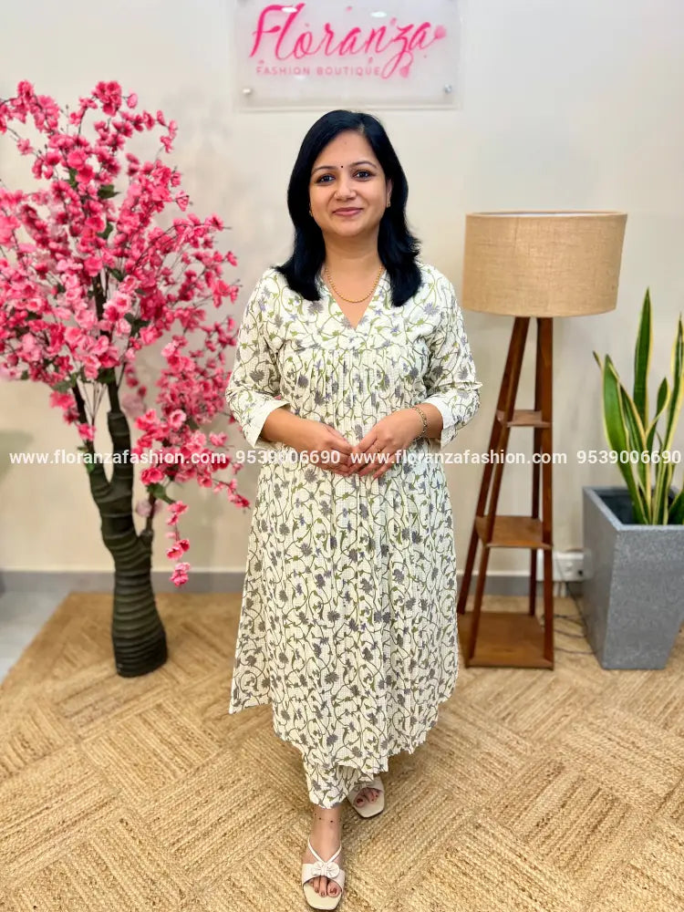 Co-ord Set In Jaipur Cotton with Sanganeri Print-Off-White n Blue (3928) - Off-white n Blue / M
