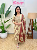Cotton 3 Piece Set - Beige n Wine Pink (3970A) - Wine Pink / L