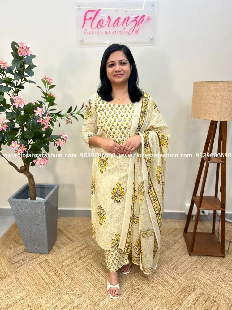 Cotton 3 Piece Set - Beige n Yellow (3974) - Beige / L