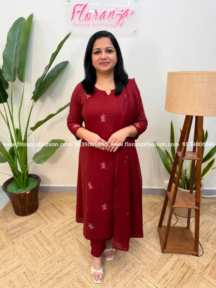 Cotton 3 Piece Set - Maroon (4028) - Maroon / L