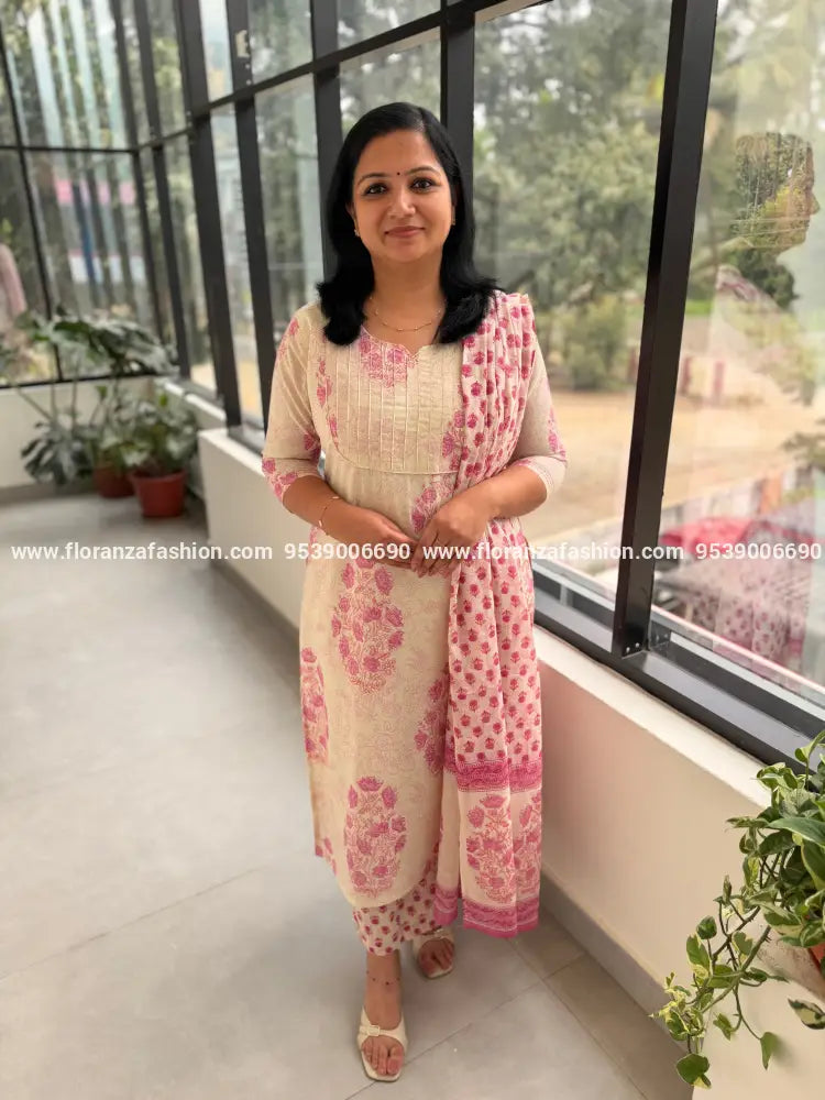 Cotton 3 Piece Set - Off white n Pink (4015) - Off-white n Pink / L