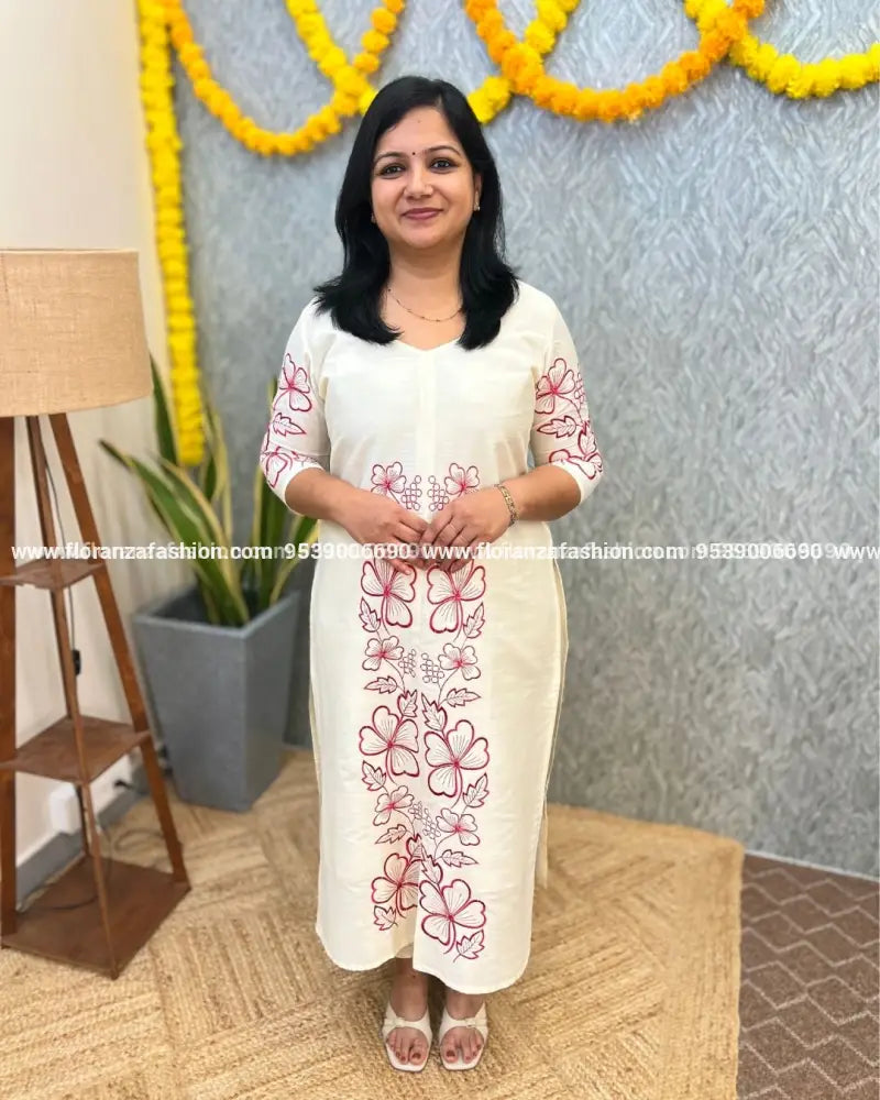 Florique Onam Special Kurti In Slub Silk With Embroidery -Off-White(3862A) - Off-White / S