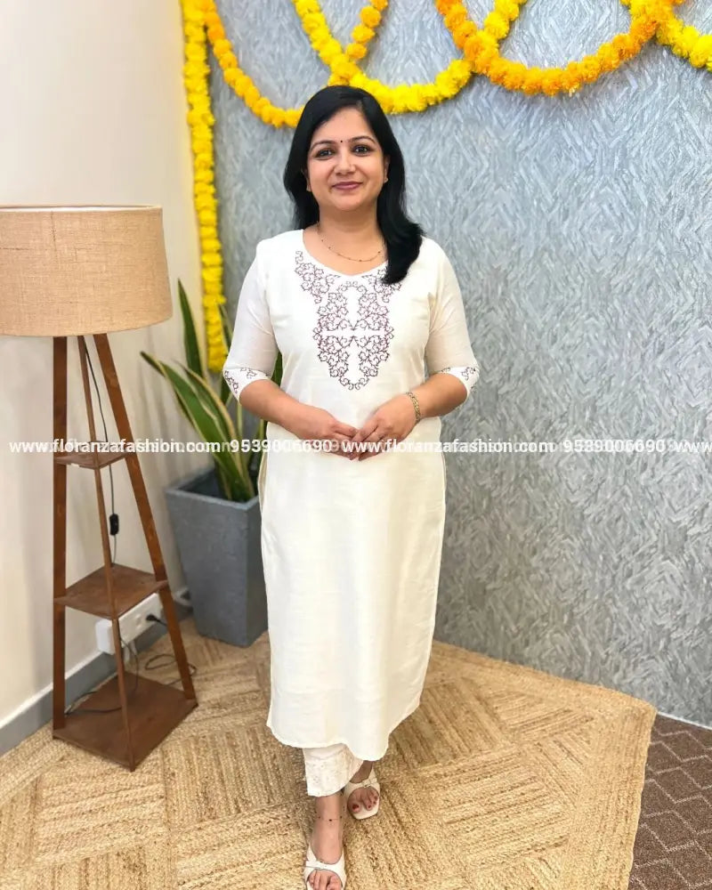 Florique Onam Special Kurti In Slub Silk With Embroidery - Off-White(3866A) - Off-White / S