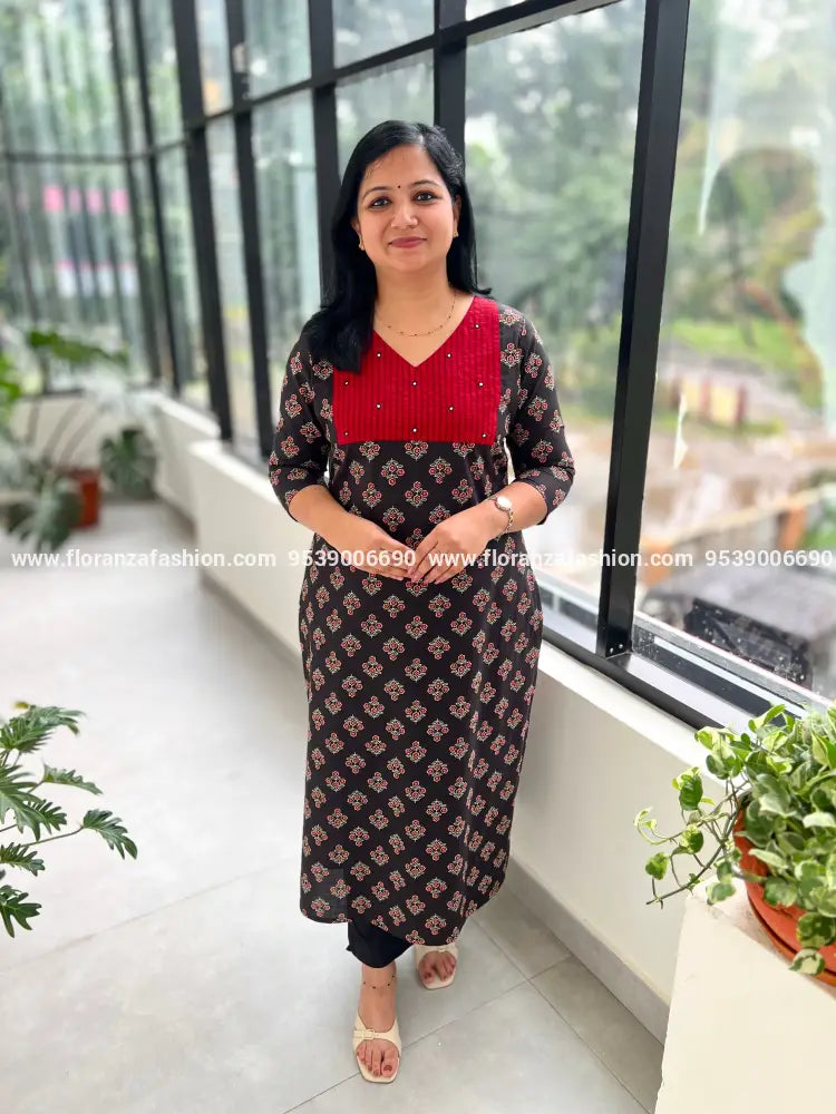 Florista 2 Piece Set in Printed Cotton -Black n Red(3877B) - BLACK / XS