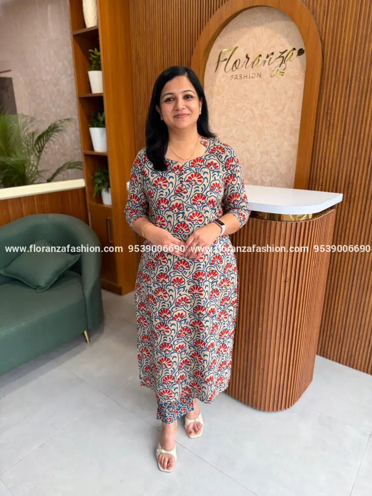 Florista 2 Piece Set in Printed Cotton - Chiku & Indigo(4107A) - CHIKU / XS