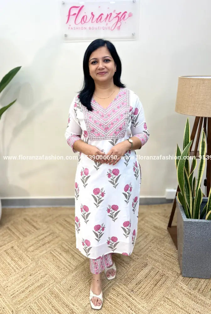 Florista 2 Piece Set In Printed Cotton - Pink n White (3577A) - Pink n White / M