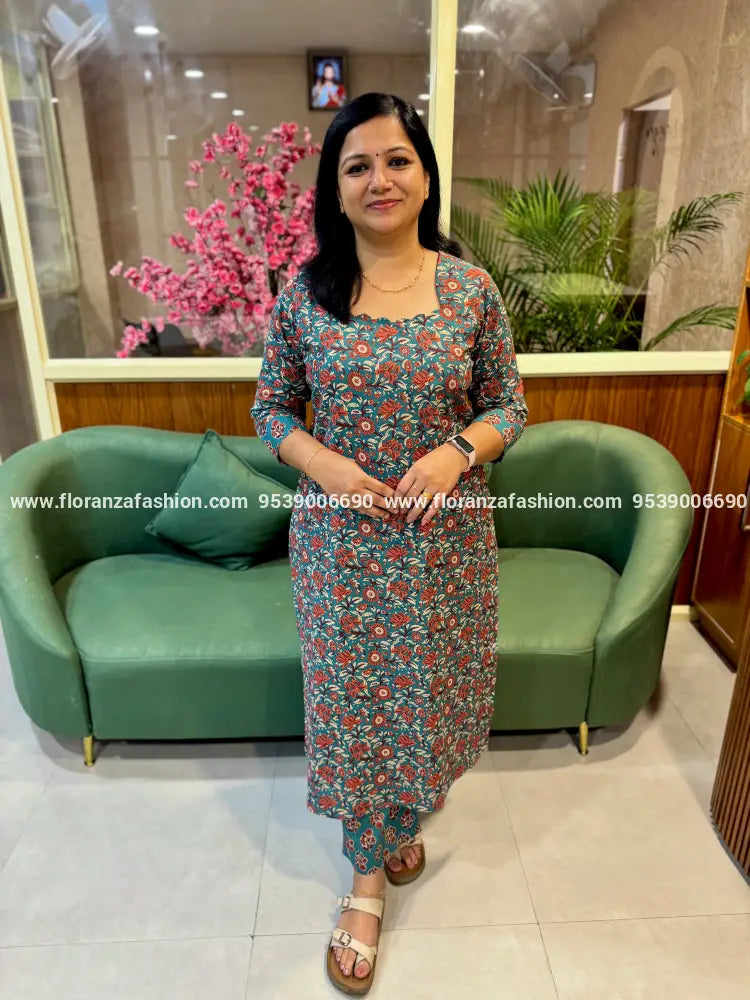 Florista 2 Piece Set in Printed Cotton - Teal Blue (4145) - TEAL BLUE / M