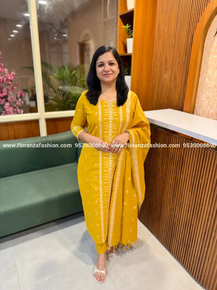 Florista 3 Piece Set in Jamdani Weaved Cotton - Mustard Yellow (4167) - Mustard Yellow / S