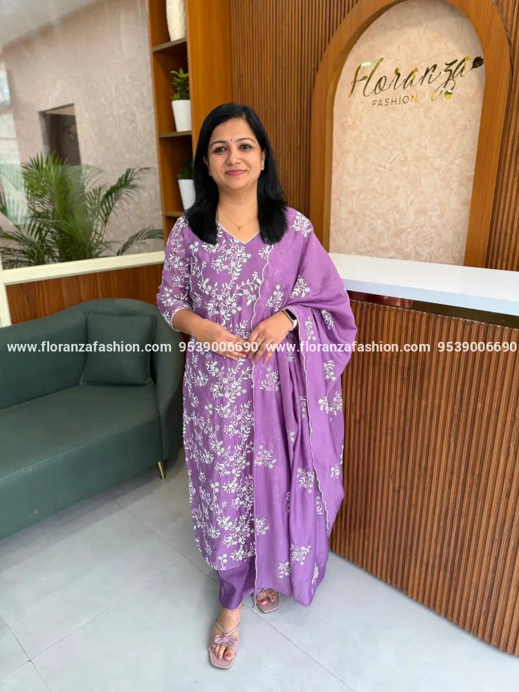 Florista 3 Piece Set In Mul-Chanderi - Lavender(4070H) - LAVENDER / XS