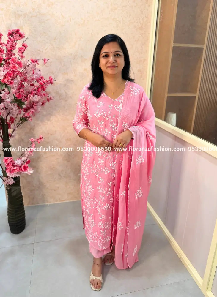 Florista 3 Piece Set In Mul-Chanderi - Light Pink(4070A) - LIGHT PINK / S