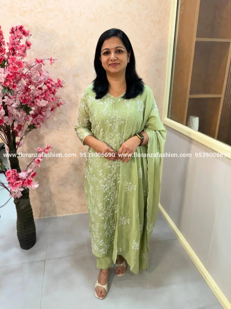 Florista 3 Piece Set In Mul-Chanderi - Pastel Green (4070B) - Pastel Green / S