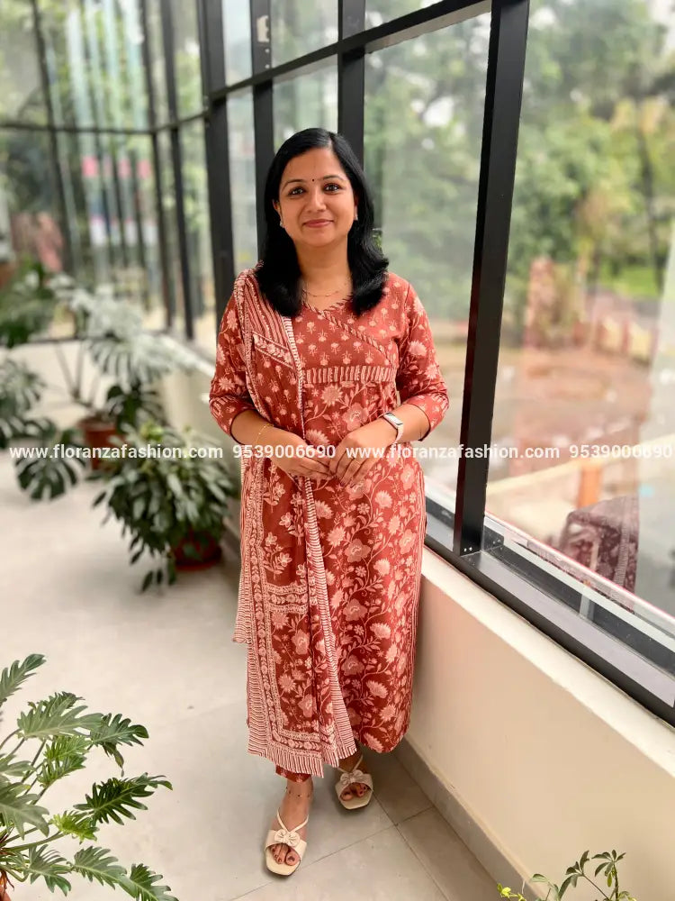 Florista 3 Piece Set In Printed Cotton - 3709 - Choclate Peach / S