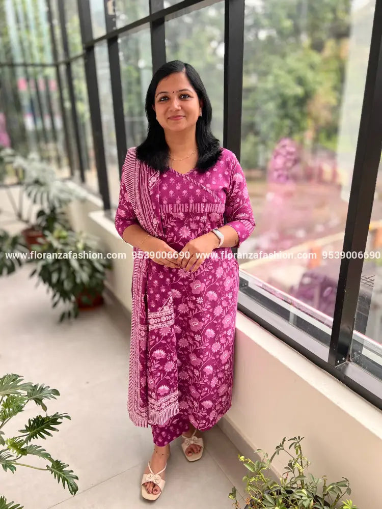 Florista 3 Piece Set In Printed Cotton - 3709 - Dark Lavender mix Purple / S