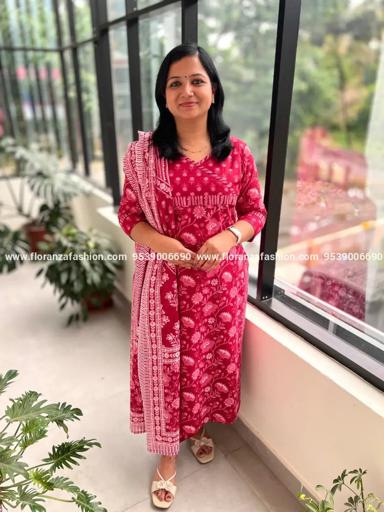 Florista 3 Piece Set In Printed Cotton - 3709 - Pink plus Burgundy / S