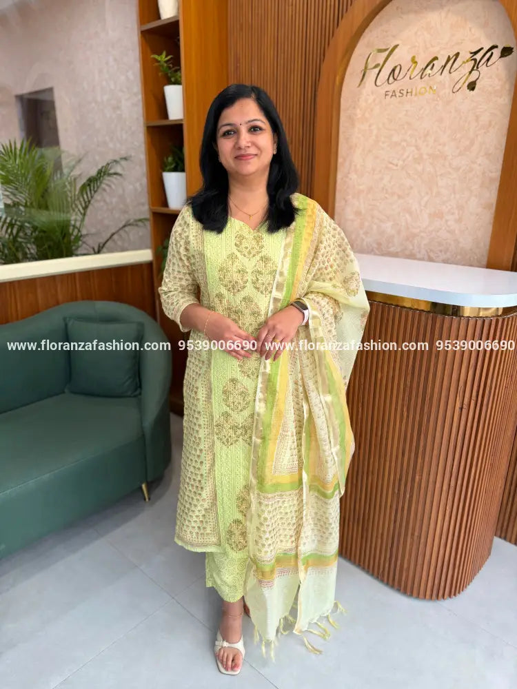 Florista 3 Piece Set in Printed Cotton Hakoba - Light Green (4157D) - Light Green / M