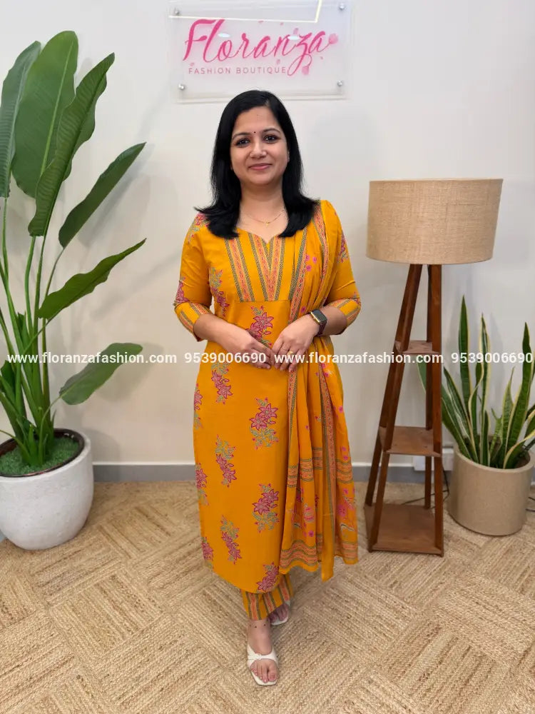 Florista 3 Piece Set in Printed Cotton - Mustard Yellow (4050A) - Mustard Yellow / M