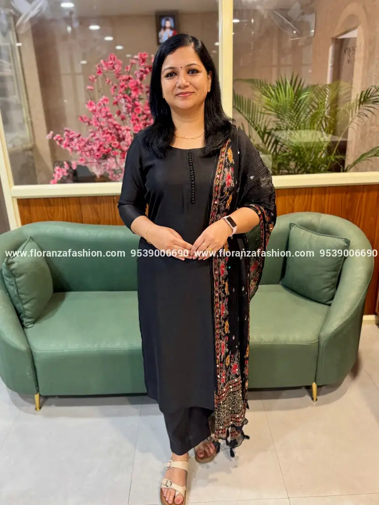 Florista 3 Piece Set in Vichitra Silk - Black(4051N) - BLACK / XL