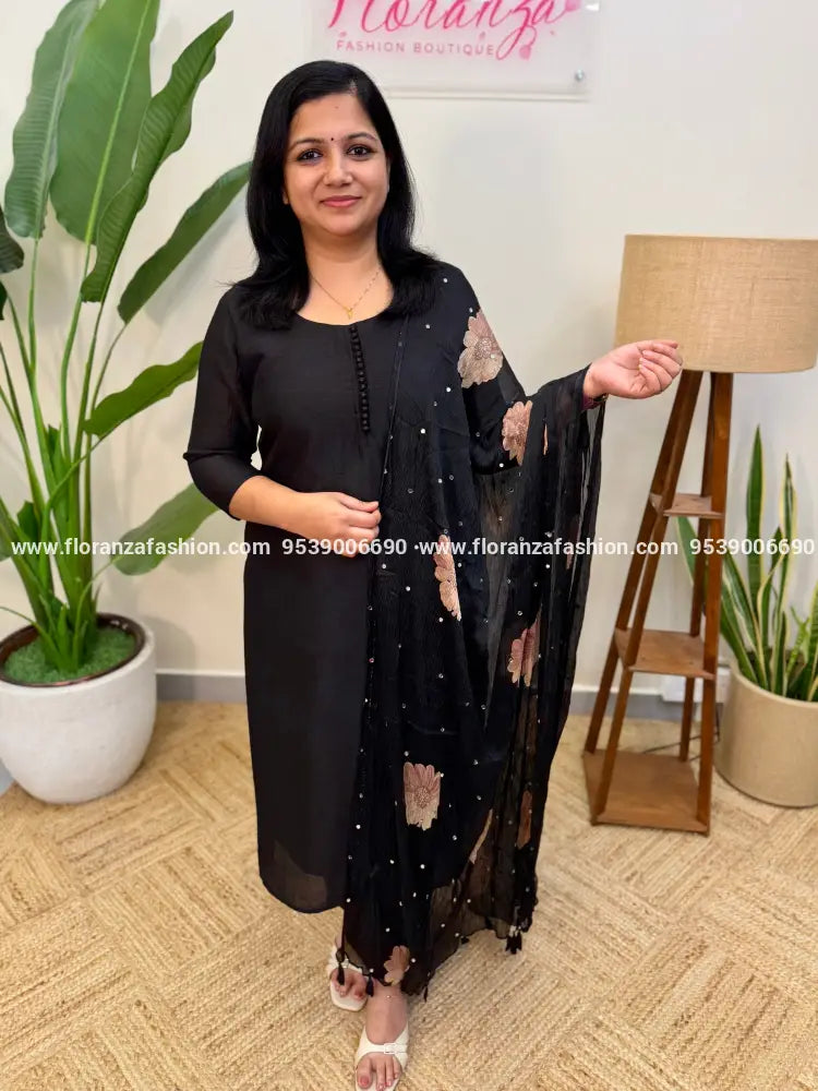 Florista 3 Piece Set in Vichitra Silk - Black n Chiku (4051H) - Black n Chiku / S
