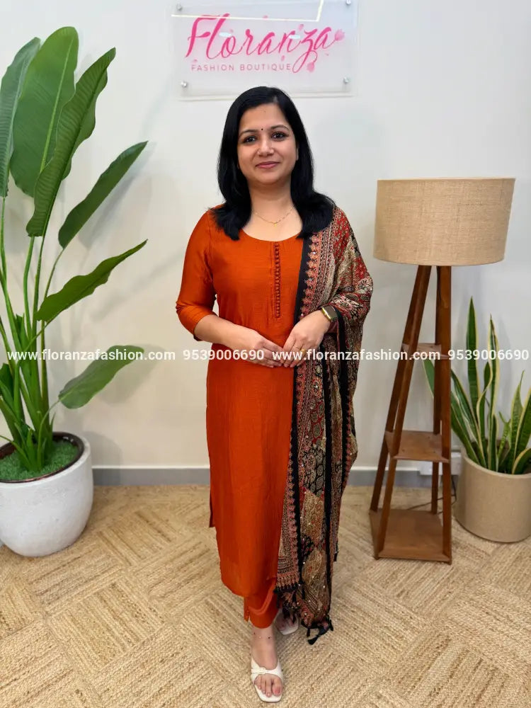 Florista 3 Piece Set in Vichitra Silk - Burned Orange (4051B) - Burned Orange / S