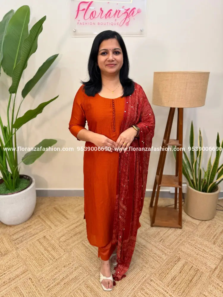 Florista 3 Piece Set in Vichitra Silk - Burnt Orange n Brick (4051I) - Burnt Orange n Brick / M