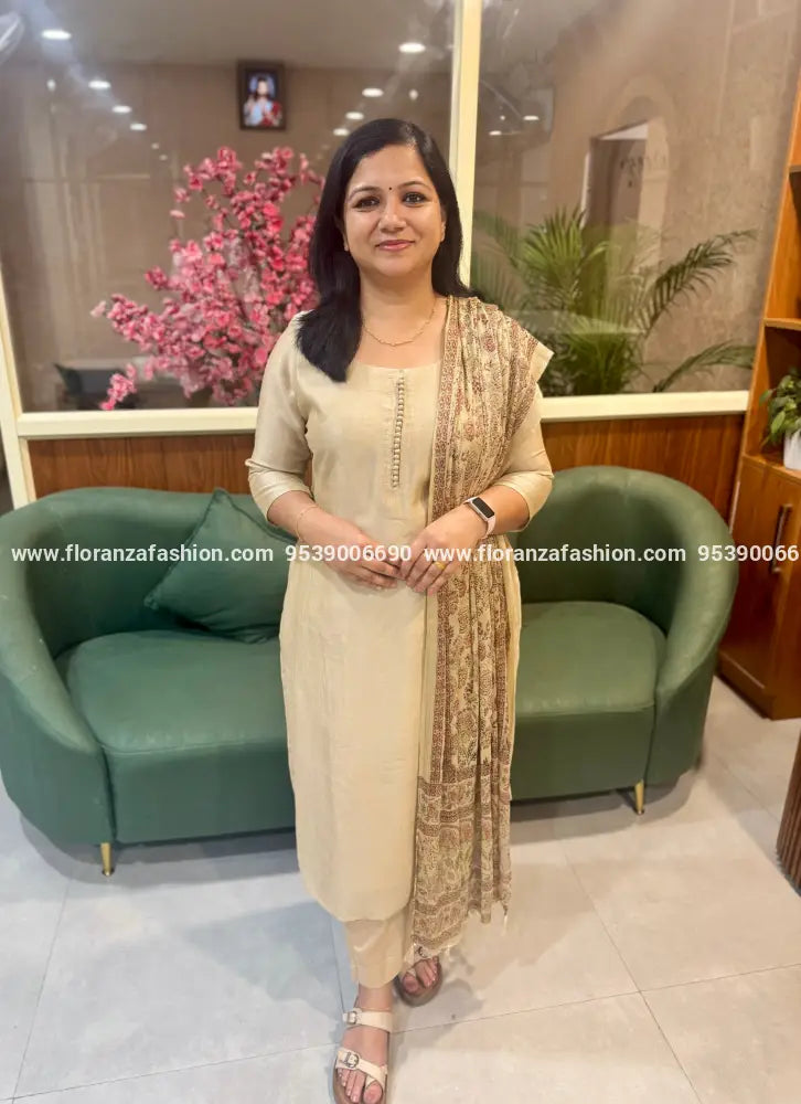 Florista 3 Piece Set in Vichitra Silk - Chiku (4051K) - CHIKU / M